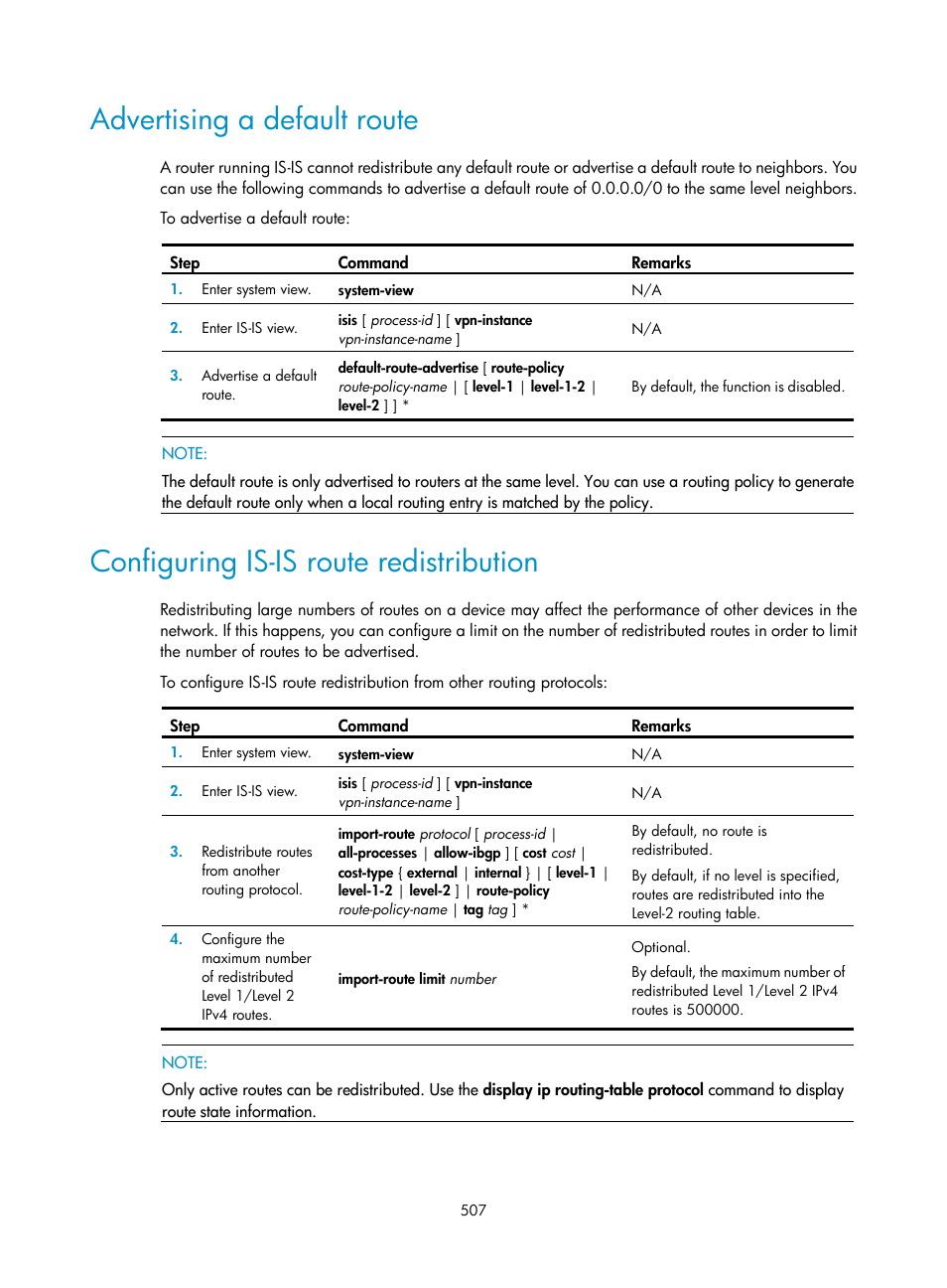 Advertising a default route, Configuring is-is route redistribution | H3C Technologies H3C SecPath F1000-E User Manual | Page 532 / 967