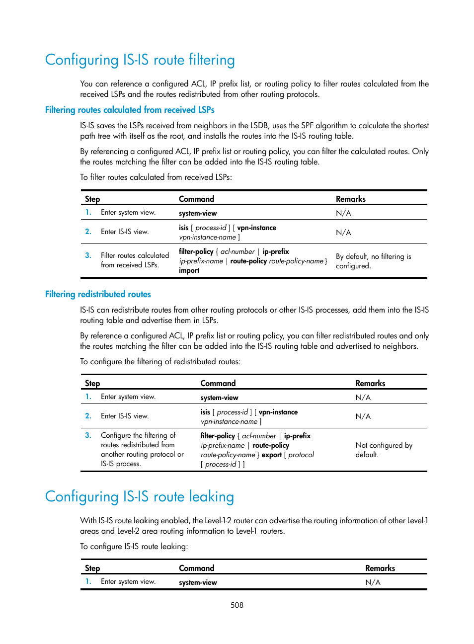 Configuring is-is route filtering, Filtering routes calculated from received lsps, Filtering redistributed routes | Configuring is-is route leaking | H3C Technologies H3C SecPath F1000-E User Manual | Page 533 / 967