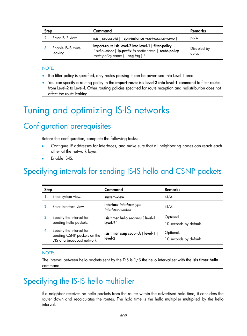 Tuning and optimizing is-is networks, Configuration prerequisites, Specifying the is-is hello multiplier | Tuning and optimizing is-is, Networks | H3C Technologies H3C SecPath F1000-E User Manual | Page 534 / 967