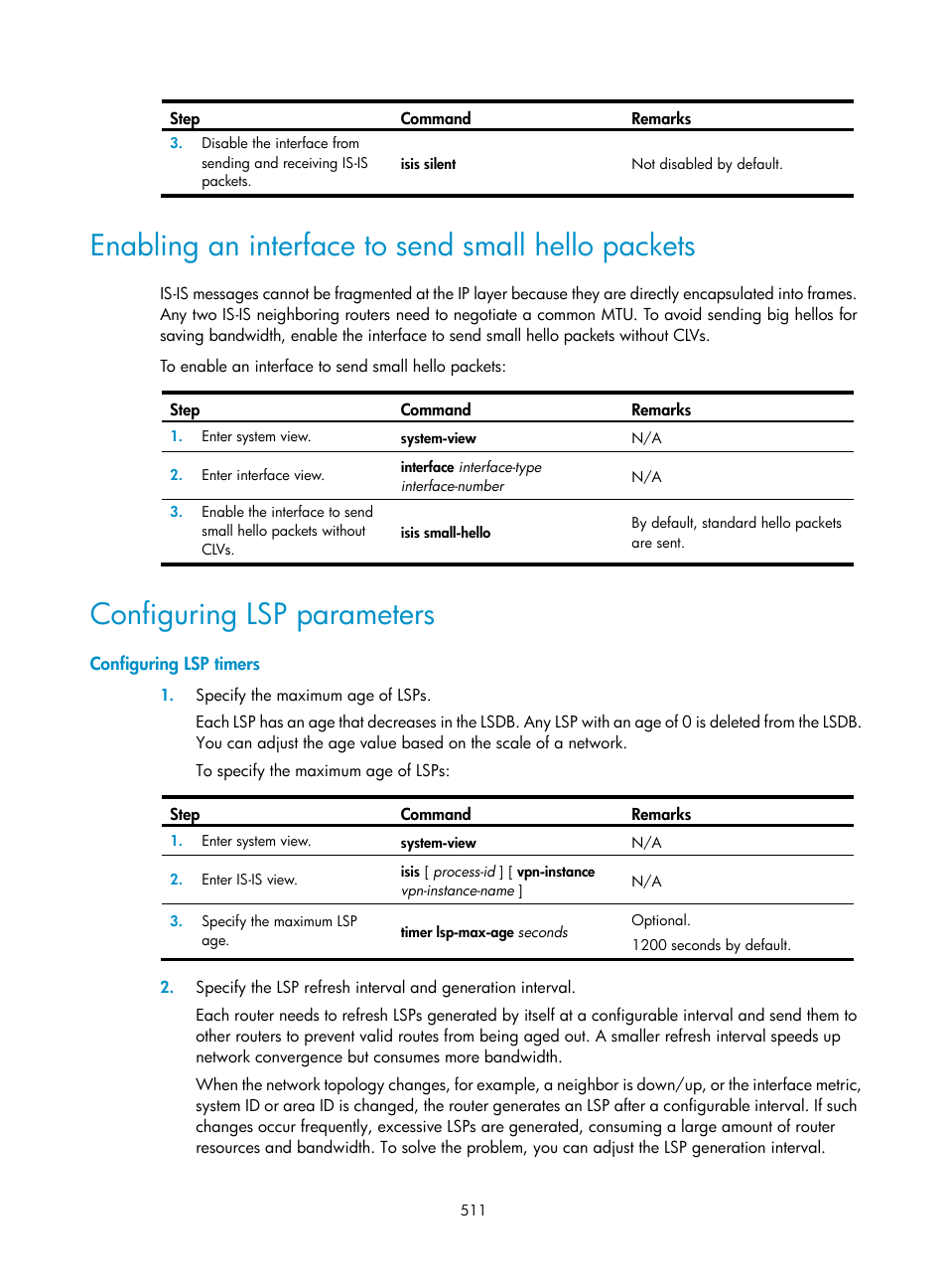 Enabling an interface to send small hello packets, Configuring lsp parameters, Configuring lsp timers | H3C Technologies H3C SecPath F1000-E User Manual | Page 536 / 967