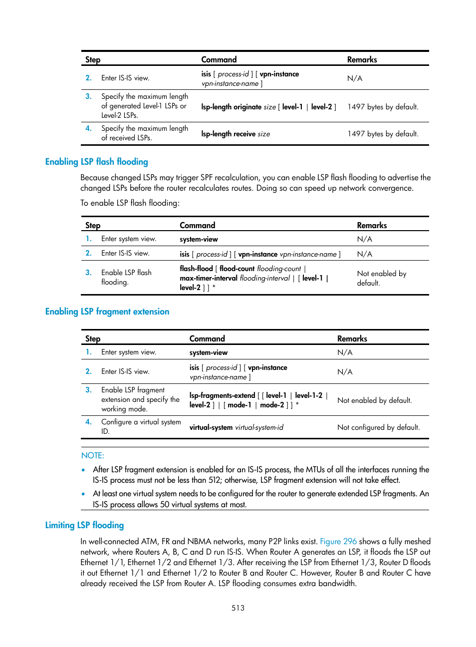 Enabling lsp flash flooding, Enabling lsp fragment extension, Limiting lsp flooding | H3C Technologies H3C SecPath F1000-E User Manual | Page 538 / 967