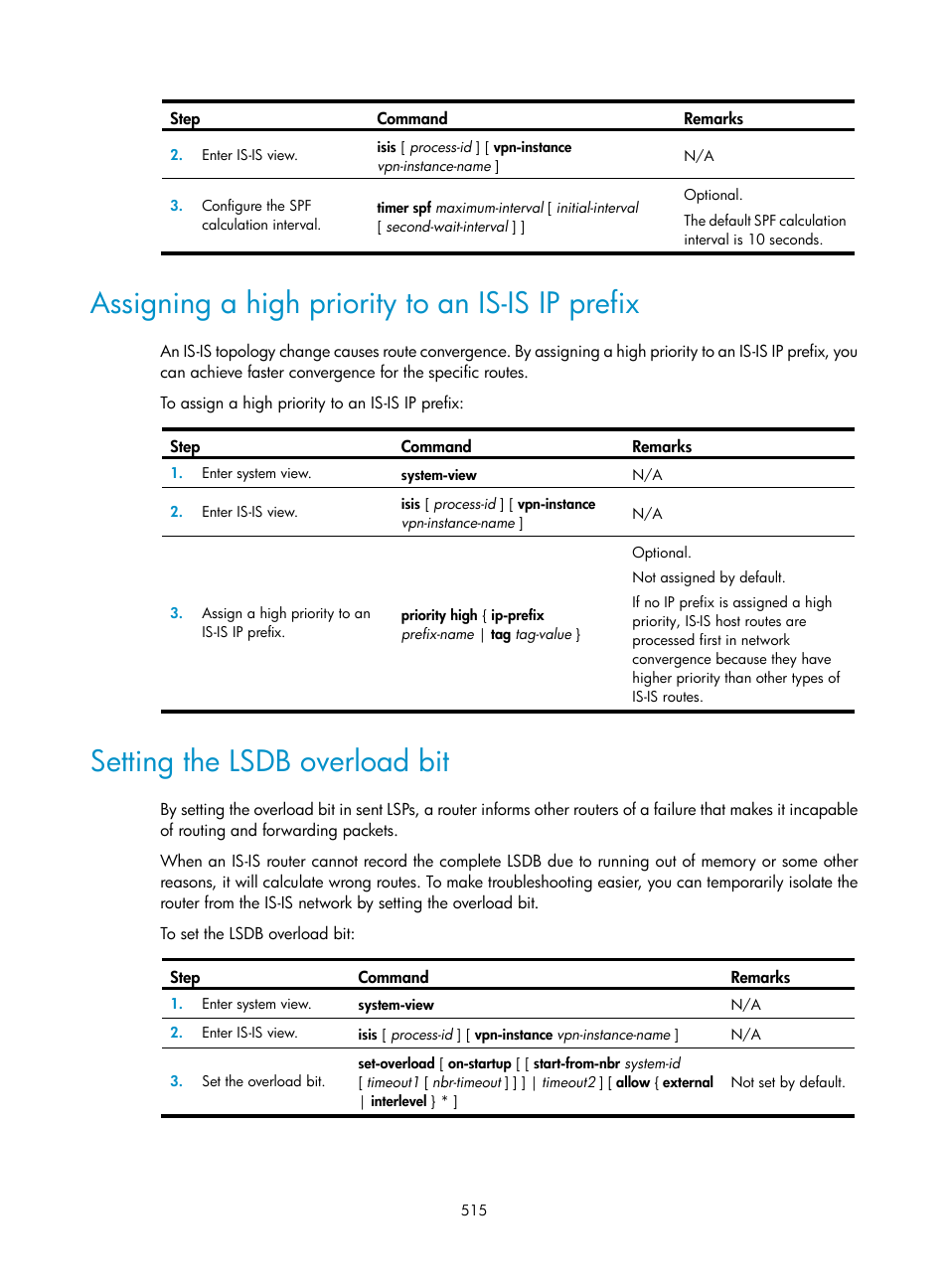 Assigning a high priority to an is-is ip prefix, Setting the lsdb overload bit | H3C Technologies H3C SecPath F1000-E User Manual | Page 540 / 967