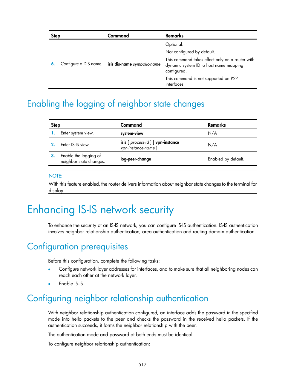 Enabling the logging of neighbor state changes, Enhancing is-is network security, Configuration prerequisites | Configuring neighbor relationship authentication | H3C Technologies H3C SecPath F1000-E User Manual | Page 542 / 967