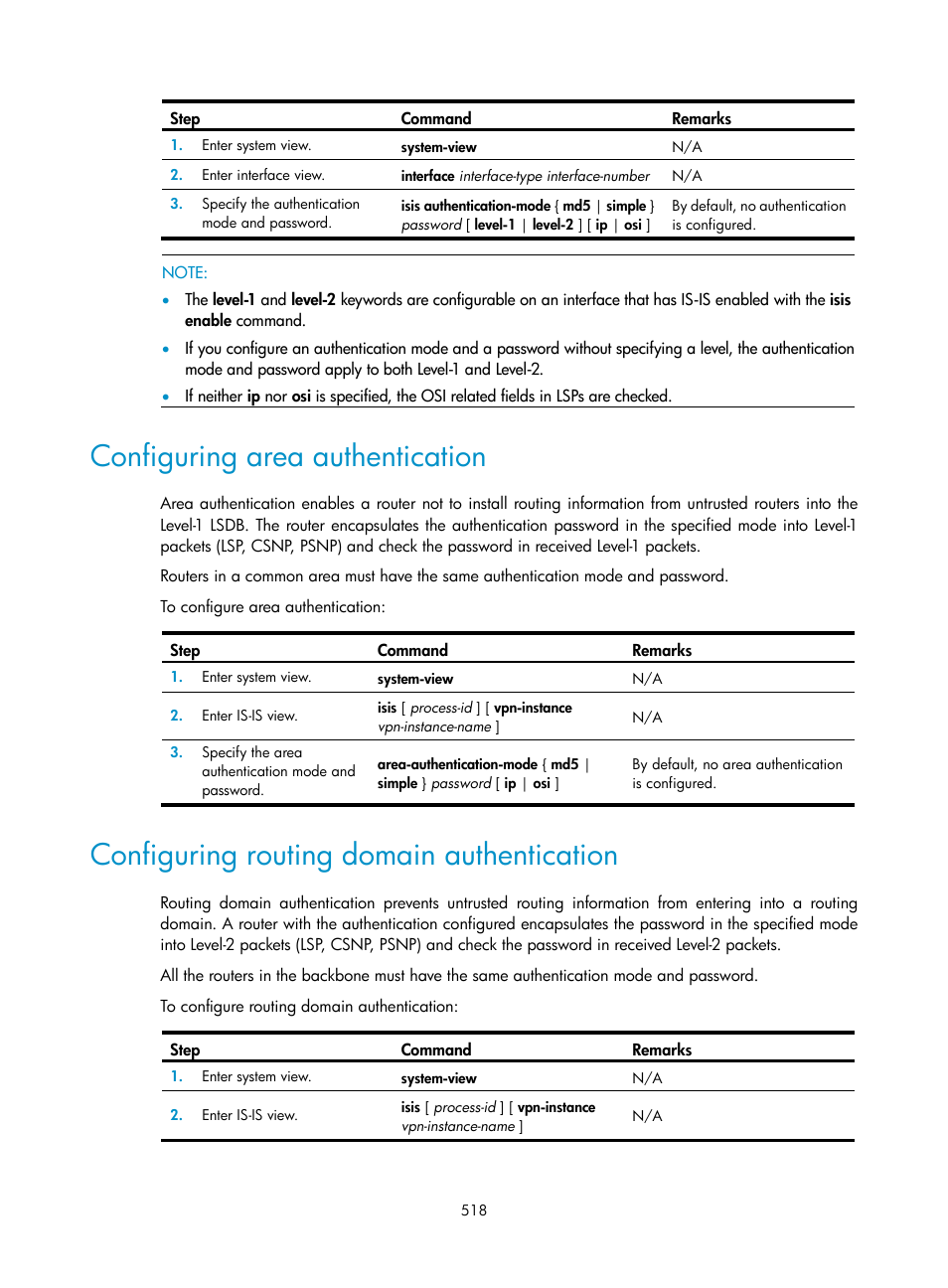 Configuring area authentication, Configuring routing domain authentication | H3C Technologies H3C SecPath F1000-E User Manual | Page 543 / 967