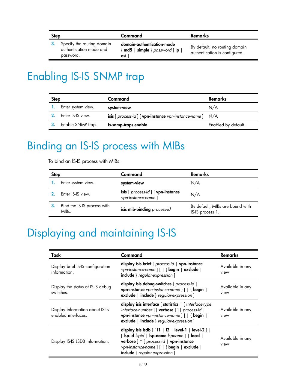 Enabling is-is snmp trap, Binding an is-is process with mibs, Displaying and maintaining is-is | H3C Technologies H3C SecPath F1000-E User Manual | Page 544 / 967