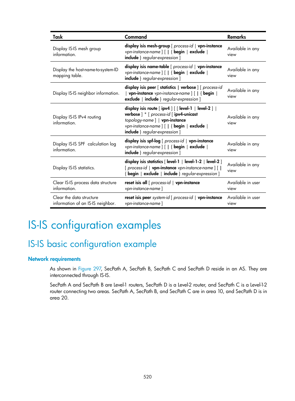 Is-is configuration examples, Is-is basic configuration example, Network requirements | H3C Technologies H3C SecPath F1000-E User Manual | Page 545 / 967