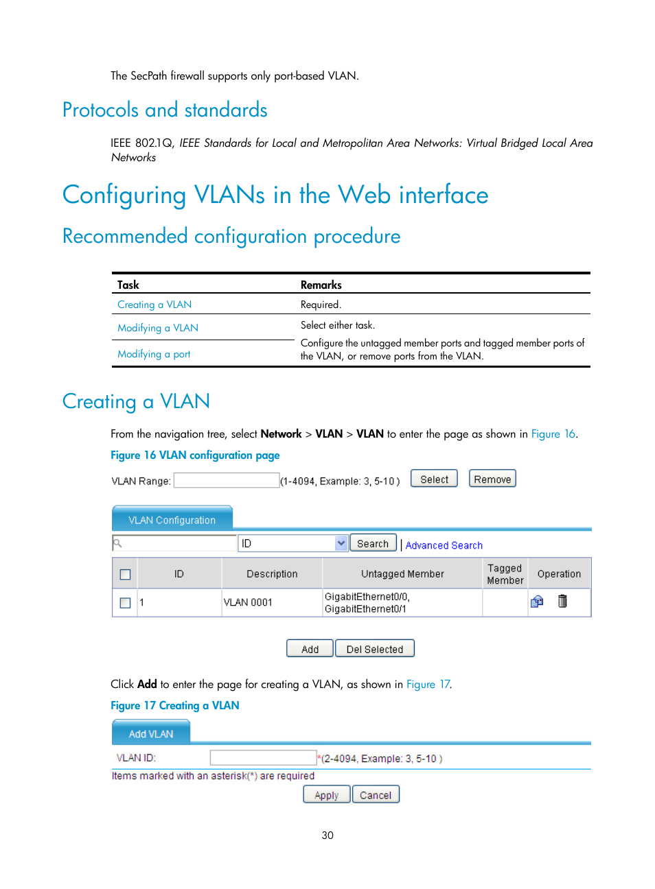 Protocols and standards, Configuring vlans in the web interface, Recommended configuration procedure | Creating a vlan | H3C Technologies H3C SecPath F1000-E User Manual | Page 55 / 967