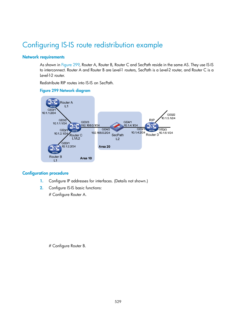 Configuring is-is route redistribution example, Network requirements, Configuration procedure | H3C Technologies H3C SecPath F1000-E User Manual | Page 554 / 967