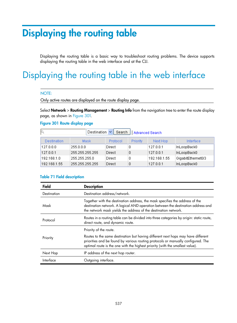 Displaying the routing table, Displaying the routing table in the web interface | H3C Technologies H3C SecPath F1000-E User Manual | Page 562 / 967