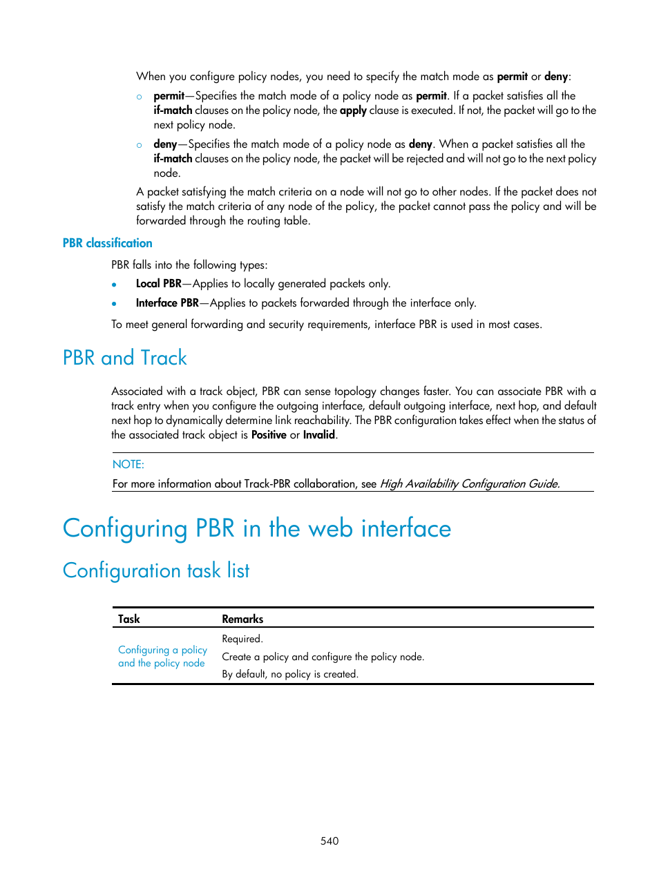 Pbr classification, Pbr and track, Configuring pbr in the web interface | Configuration task list | H3C Technologies H3C SecPath F1000-E User Manual | Page 565 / 967