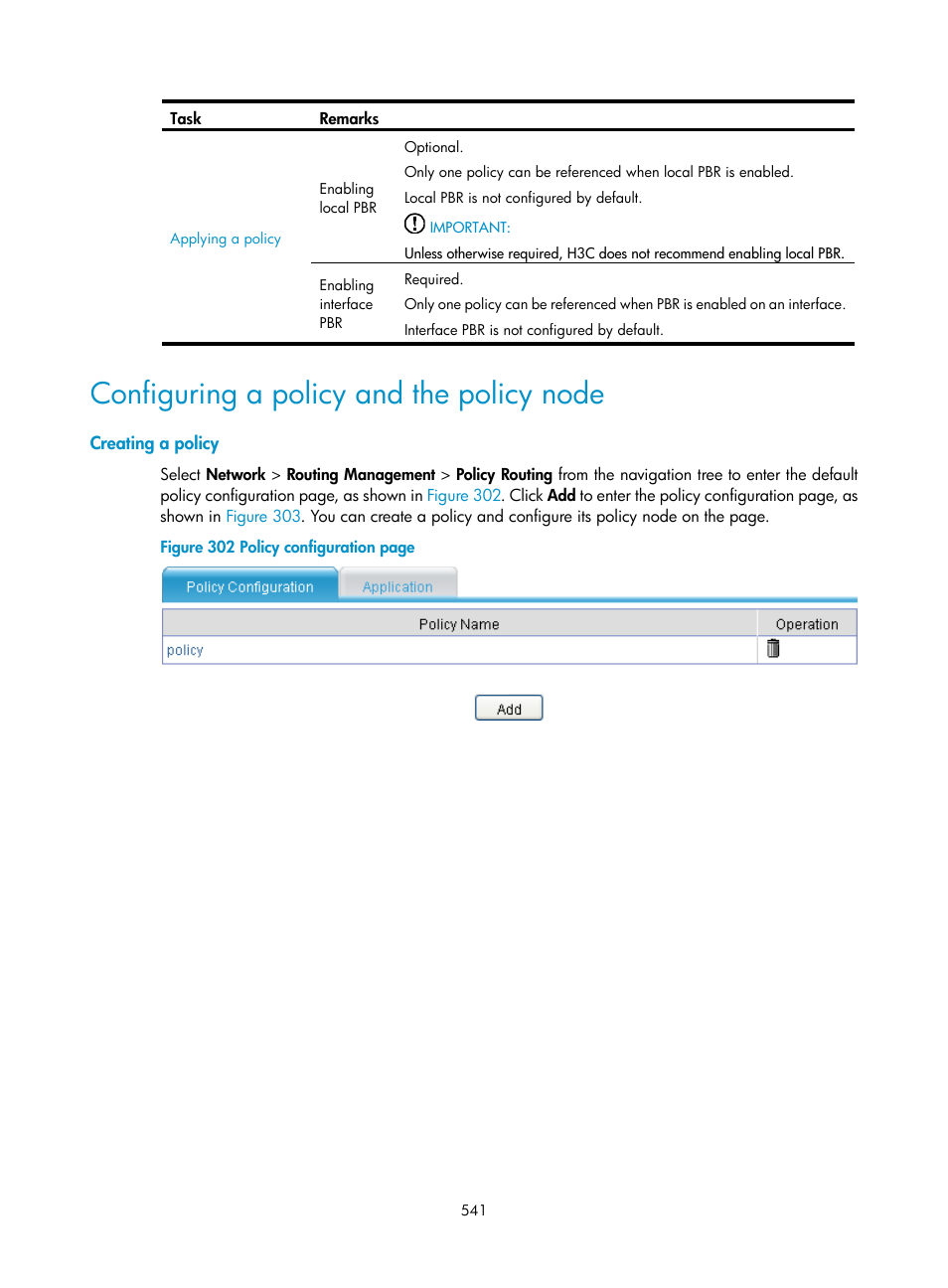 Configuring a policy and the policy node, Creating a policy | H3C Technologies H3C SecPath F1000-E User Manual | Page 566 / 967