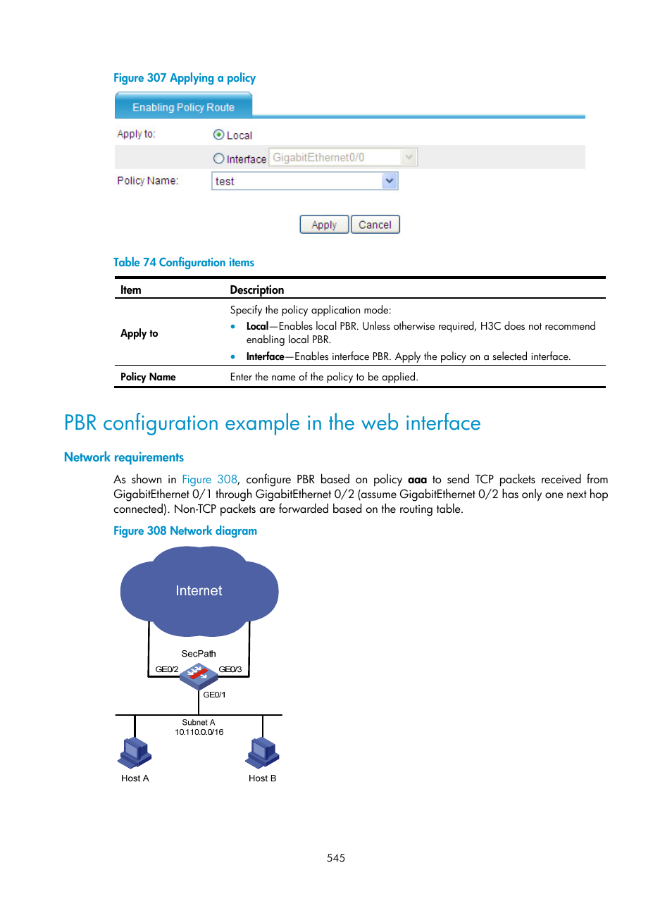 Pbr configuration example in the web interface, Network requirements, N in | Figure 307 | H3C Technologies H3C SecPath F1000-E User Manual | Page 570 / 967