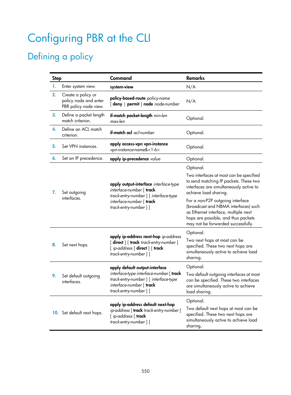 Configuring pbr at the cli, Defining a policy | H3C Technologies H3C SecPath F1000-E User Manual | Page 575 / 967