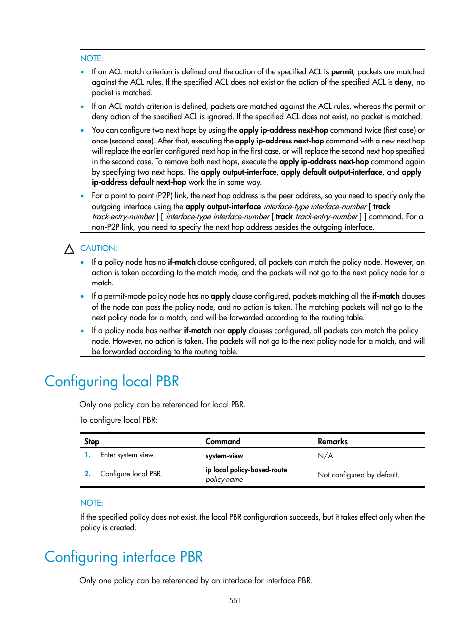 Configuring local pbr, Configuring interface pbr | H3C Technologies H3C SecPath F1000-E User Manual | Page 576 / 967