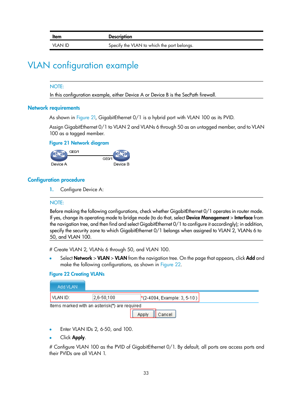 Vlan configuration example, Network requirements, Configuration procedure | H3C Technologies H3C SecPath F1000-E User Manual | Page 58 / 967