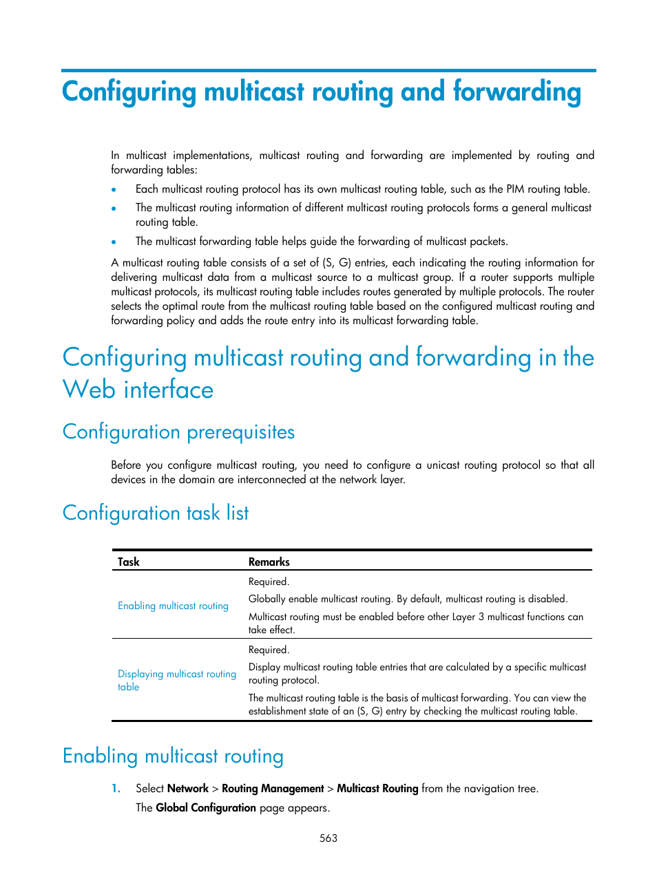 Configuring multicast routing and forwarding, Configuration prerequisites, Configuration task list | Enabling multicast routing | H3C Technologies H3C SecPath F1000-E User Manual | Page 588 / 967