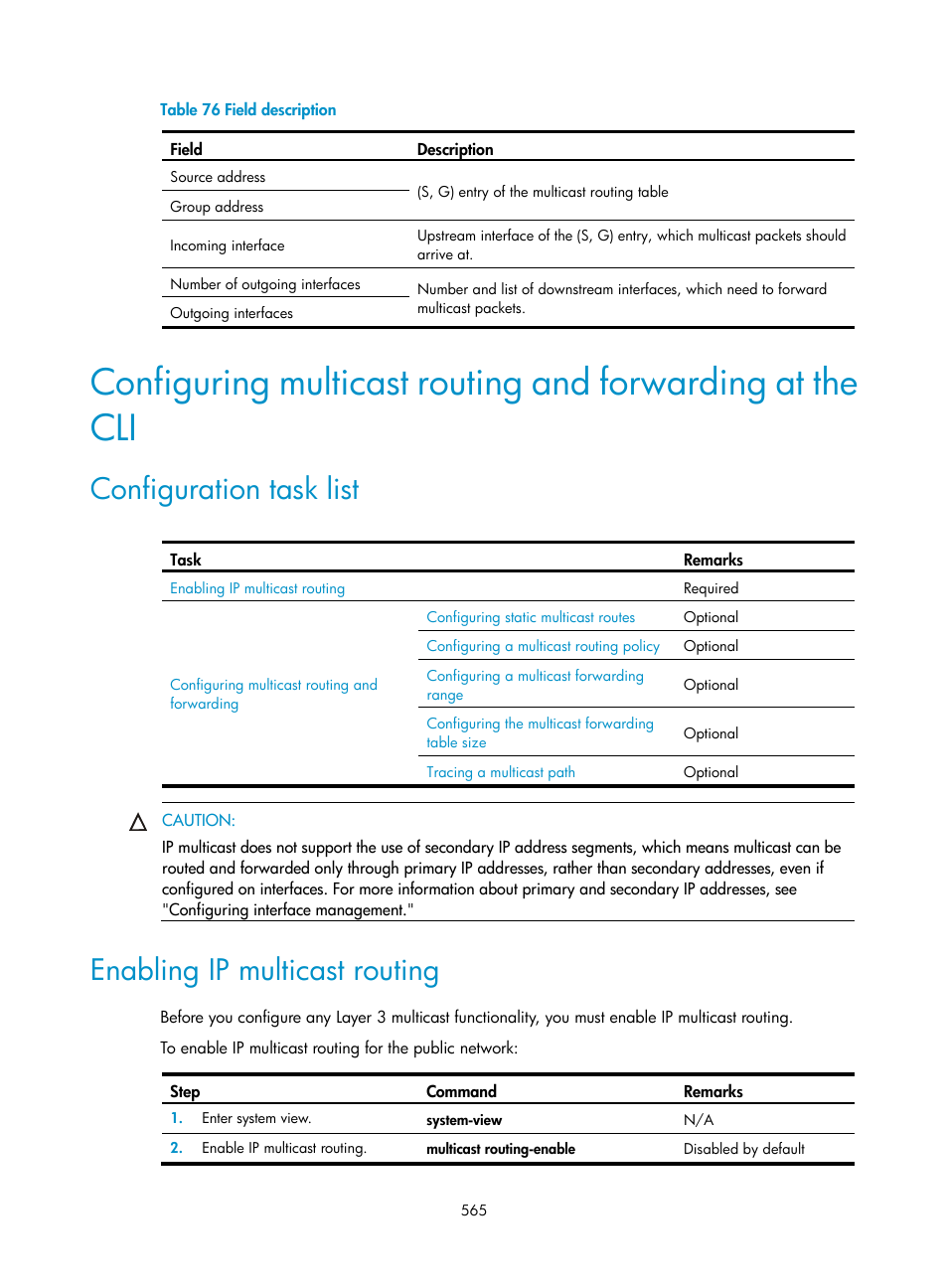 Configuration task list, Enabling ip multicast routing | H3C Technologies H3C SecPath F1000-E User Manual | Page 590 / 967