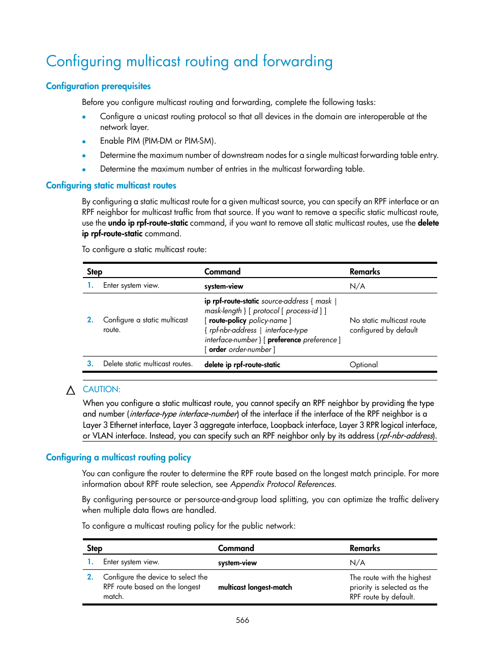 Configuring multicast routing and forwarding, Configuration prerequisites, Configuring static multicast routes | Configuring a multicast routing policy | H3C Technologies H3C SecPath F1000-E User Manual | Page 591 / 967