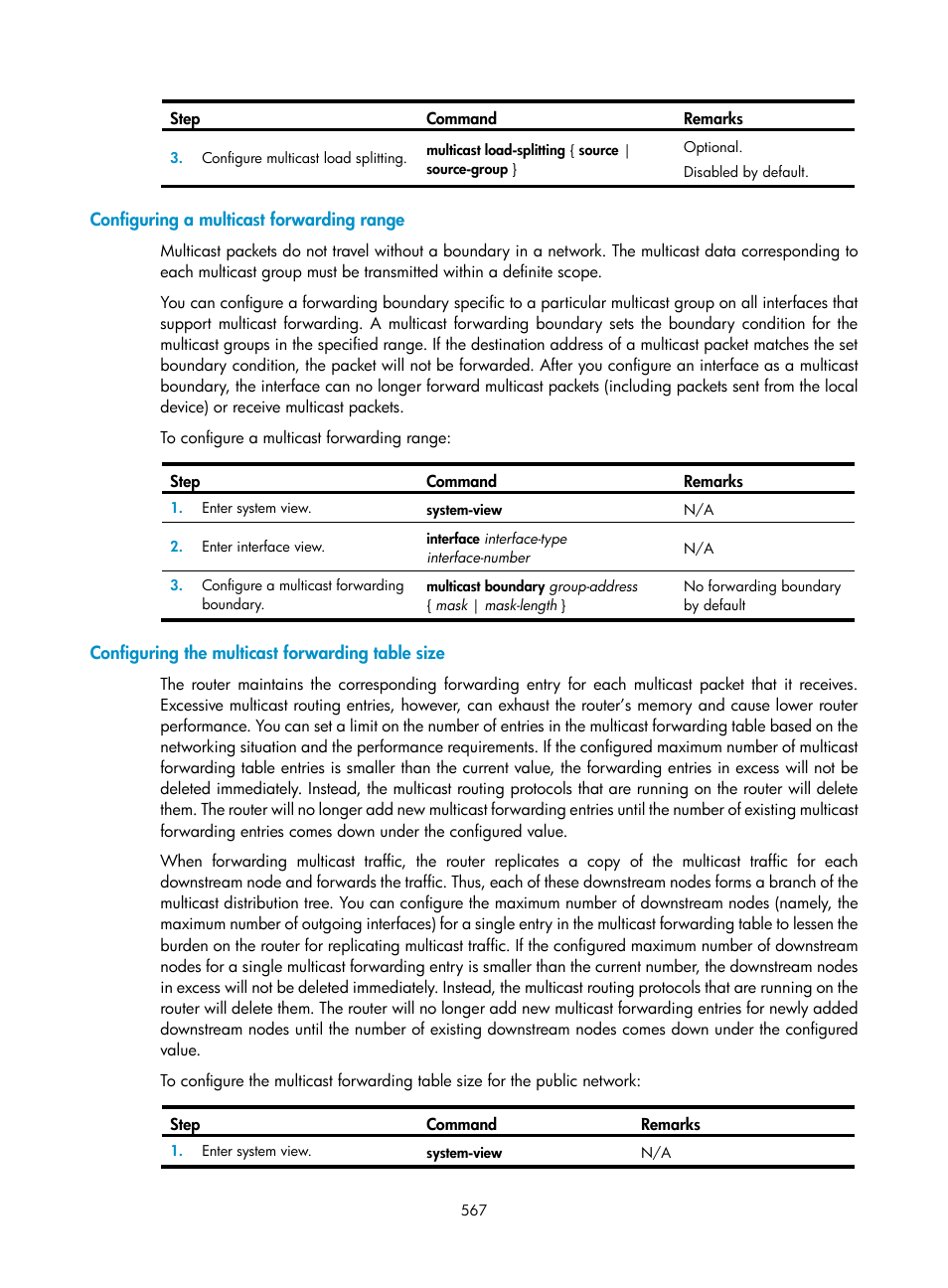 Configuring a multicast forwarding range, Configuring the multicast forwarding table size | H3C Technologies H3C SecPath F1000-E User Manual | Page 592 / 967