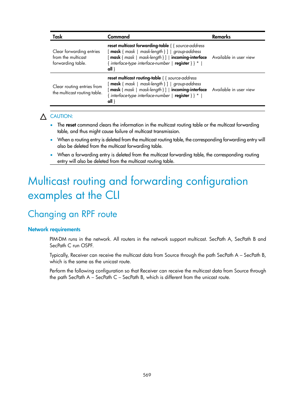 Changing an rpf route, Network requirements | H3C Technologies H3C SecPath F1000-E User Manual | Page 594 / 967