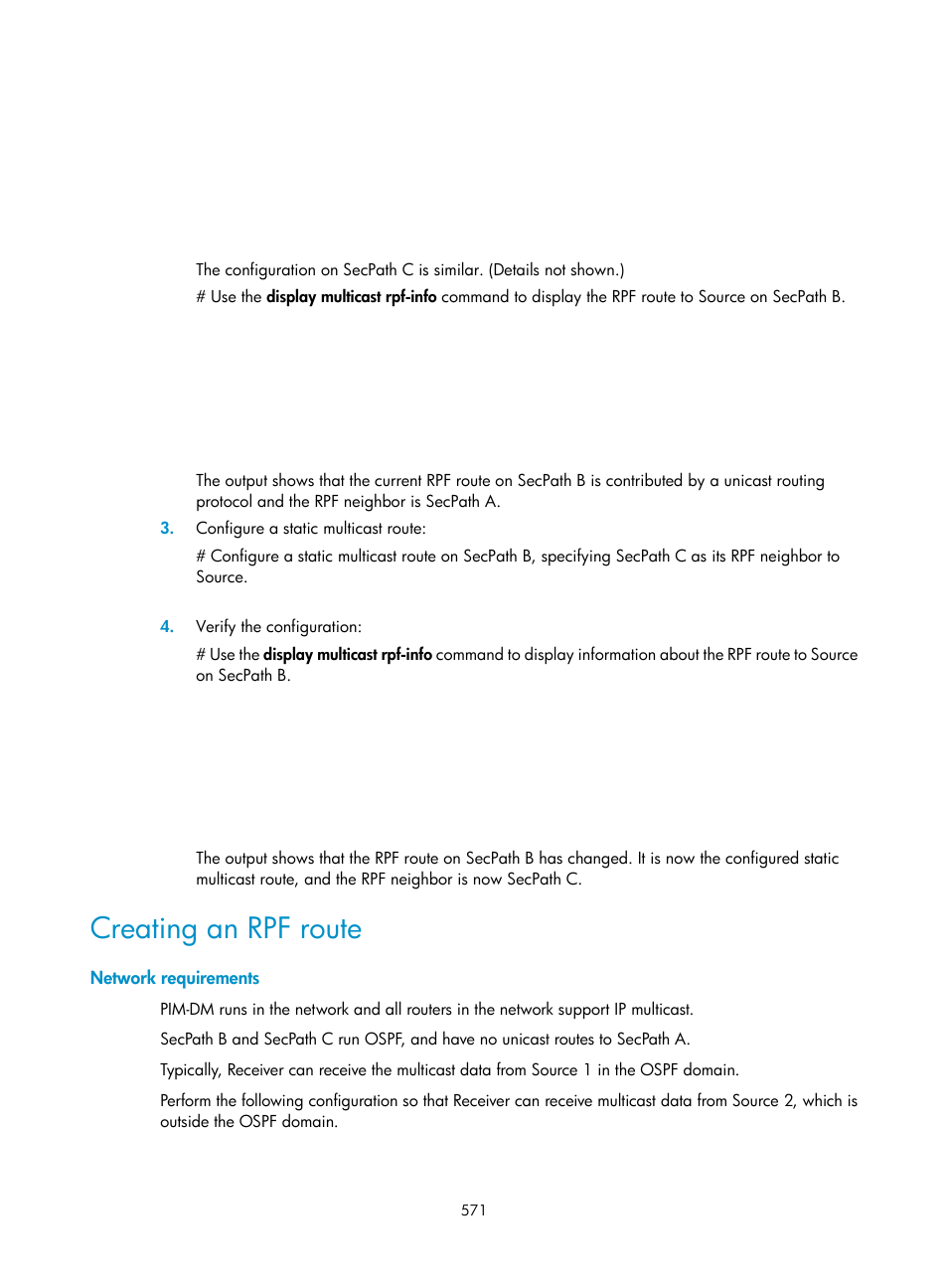 Creating an rpf route, Network requirements | H3C Technologies H3C SecPath F1000-E User Manual | Page 596 / 967