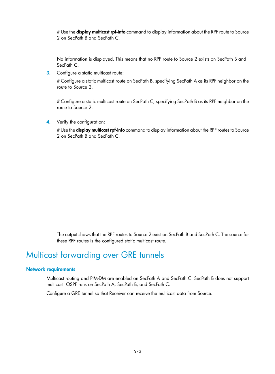 Multicast forwarding over gre tunnels, Network requirements | H3C Technologies H3C SecPath F1000-E User Manual | Page 598 / 967