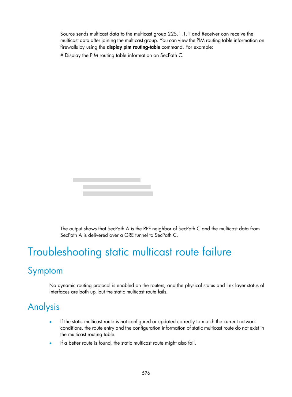 Troubleshooting static multicast route failure, Symptom, Analysis | H3C Technologies H3C SecPath F1000-E User Manual | Page 601 / 967