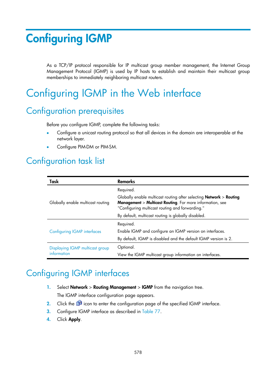 Configuring igmp, Configuring igmp in the web interface, Configuration prerequisites | Configuration task list, Configuring igmp interfaces | H3C Technologies H3C SecPath F1000-E User Manual | Page 603 / 967