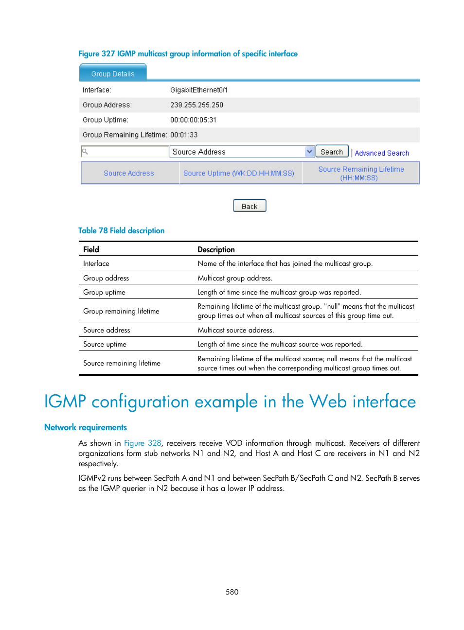 Igmp configuration example in the web interface, Network requirements | H3C Technologies H3C SecPath F1000-E User Manual | Page 605 / 967