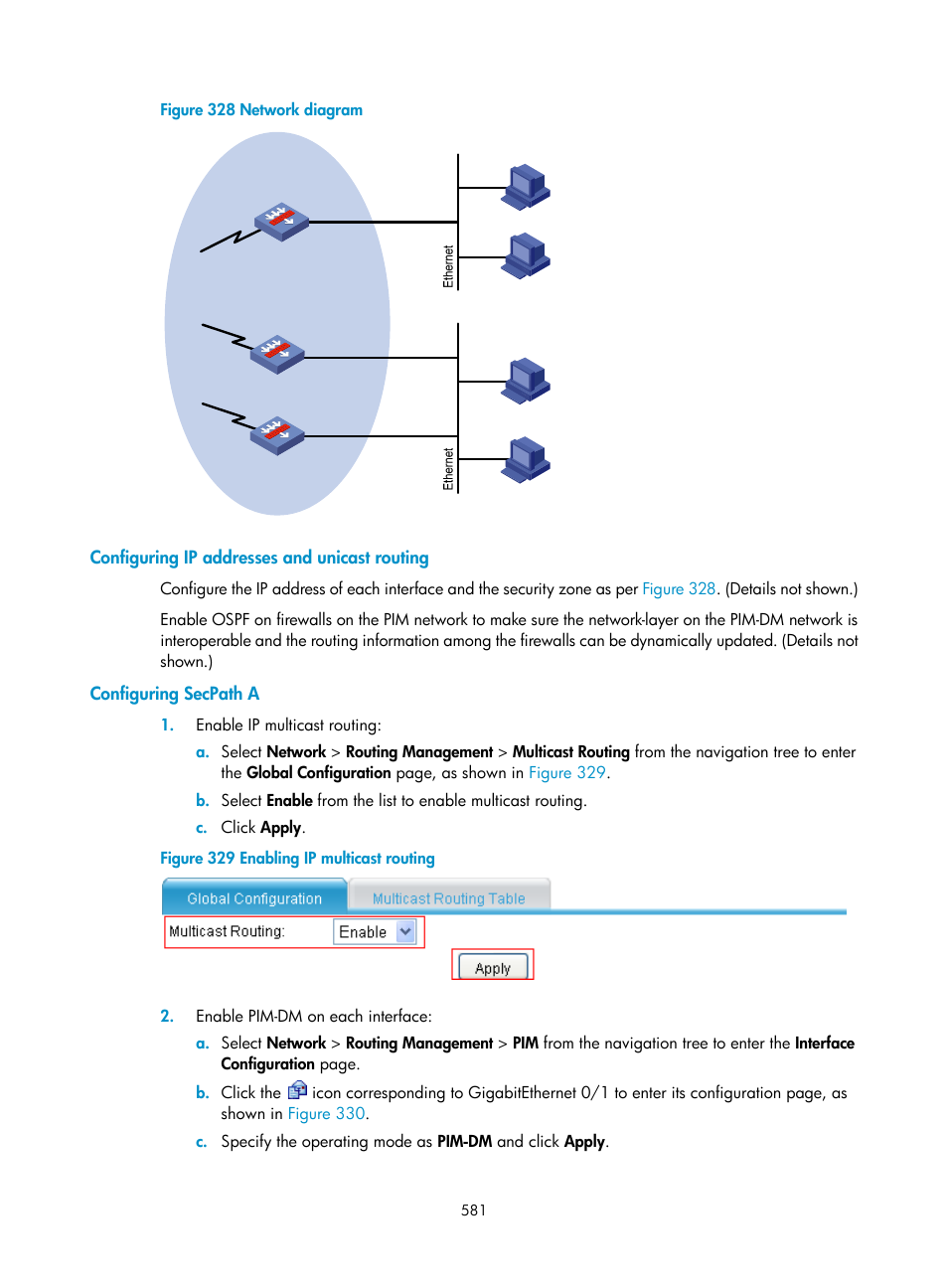 Configuring ip addresses and unicast routing, Configuring secpath a | H3C Technologies H3C SecPath F1000-E User Manual | Page 606 / 967