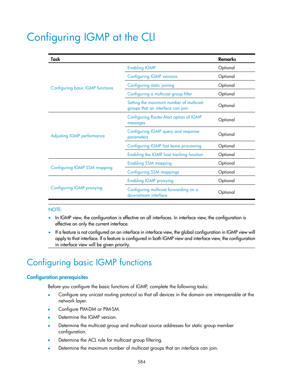 Configuring igmp at the cli, Configuring basic igmp functions, Configuration prerequisites | H3C Technologies H3C SecPath F1000-E User Manual | Page 609 / 967