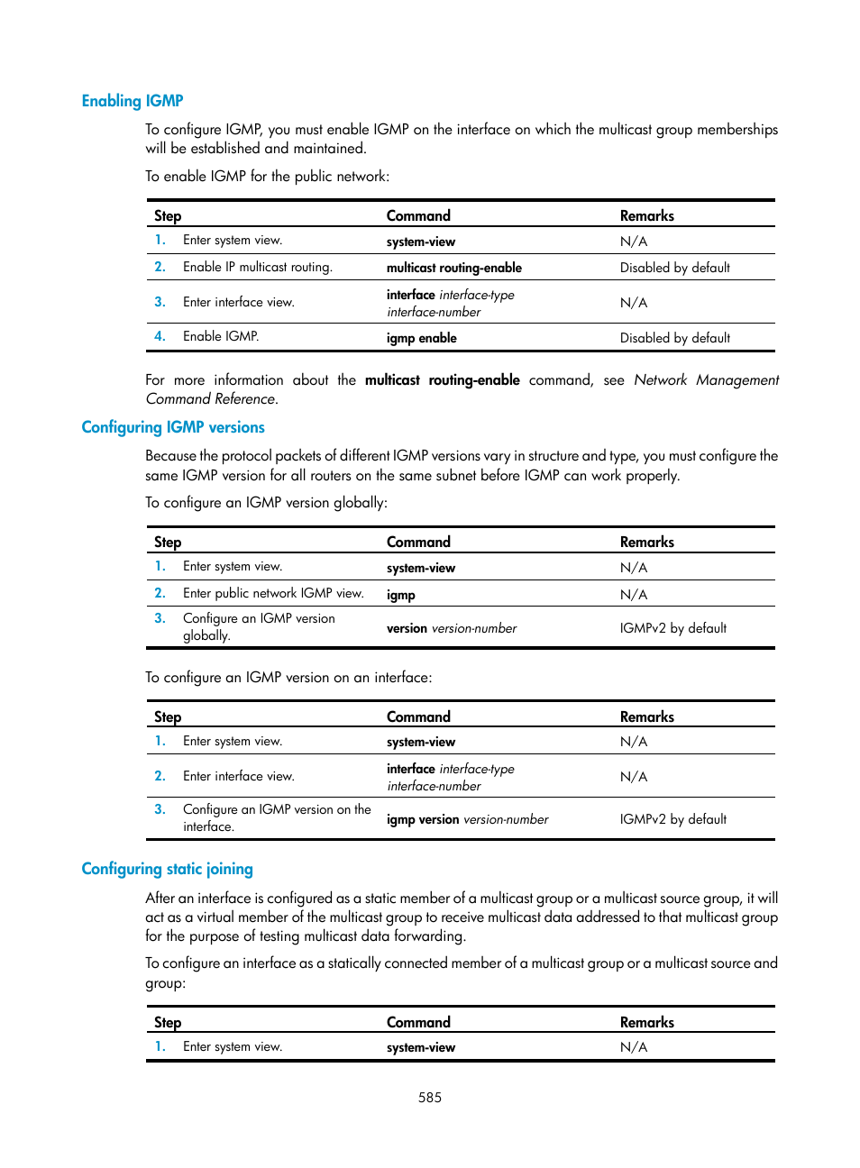 Enabling igmp, Configuring igmp versions, Configuring static joining | H3C Technologies H3C SecPath F1000-E User Manual | Page 610 / 967