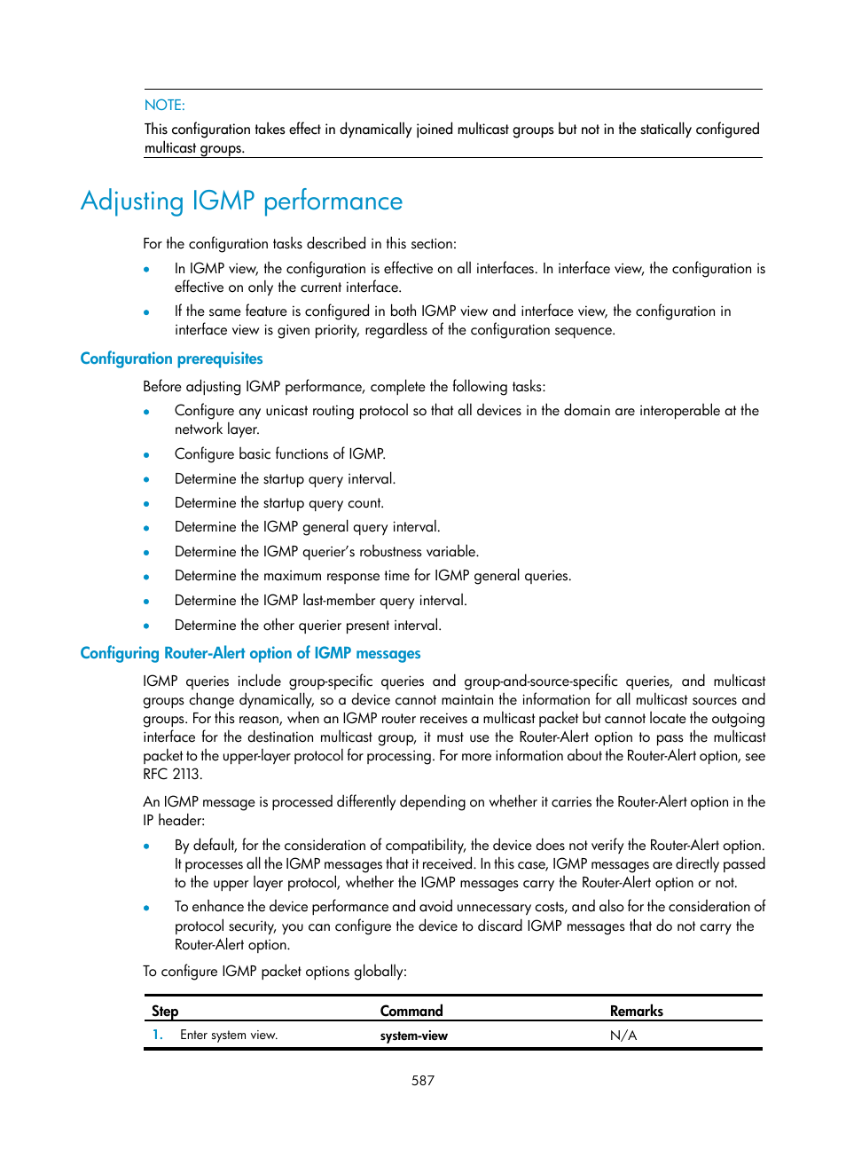 Adjusting igmp performance, Configuration prerequisites, Configuring router-alert option of igmp messages | H3C Technologies H3C SecPath F1000-E User Manual | Page 612 / 967