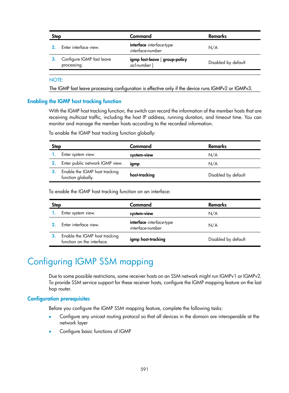 Enabling the igmp host tracking function, Configuring igmp ssm mapping, Configuration prerequisites | H3C Technologies H3C SecPath F1000-E User Manual | Page 616 / 967