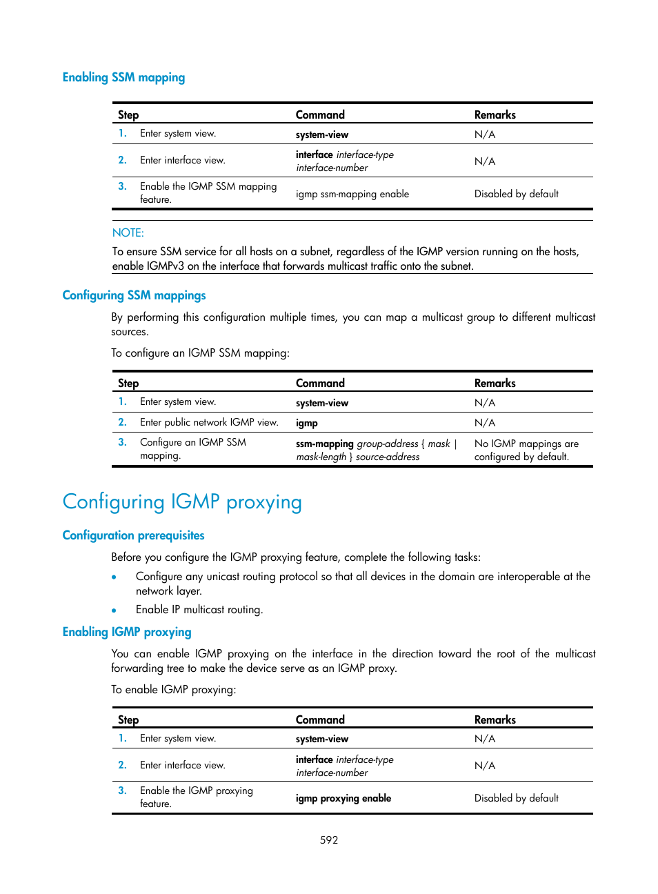 Enabling ssm mapping, Configuring ssm mappings, Configuring igmp proxying | Configuration prerequisites, Enabling igmp proxying | H3C Technologies H3C SecPath F1000-E User Manual | Page 617 / 967