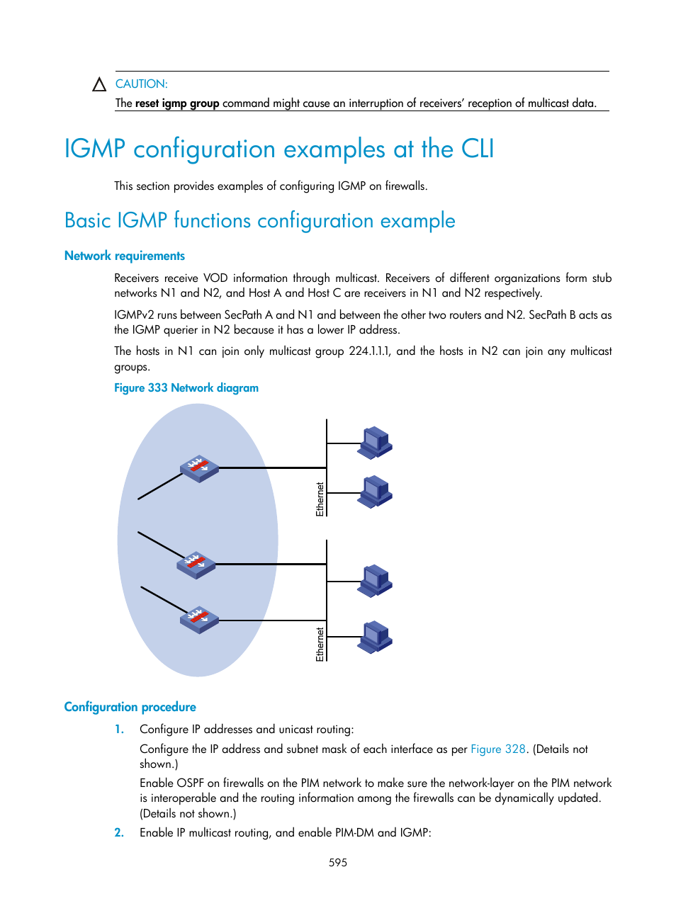 Igmp configuration examples at the cli, Basic igmp functions configuration example, Network requirements | Configuration procedure | H3C Technologies H3C SecPath F1000-E User Manual | Page 620 / 967