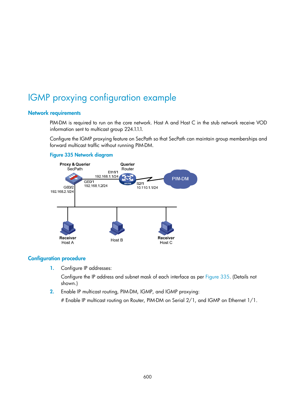 Igmp proxying configuration example, Network requirements, Configuration procedure | H3C Technologies H3C SecPath F1000-E User Manual | Page 625 / 967