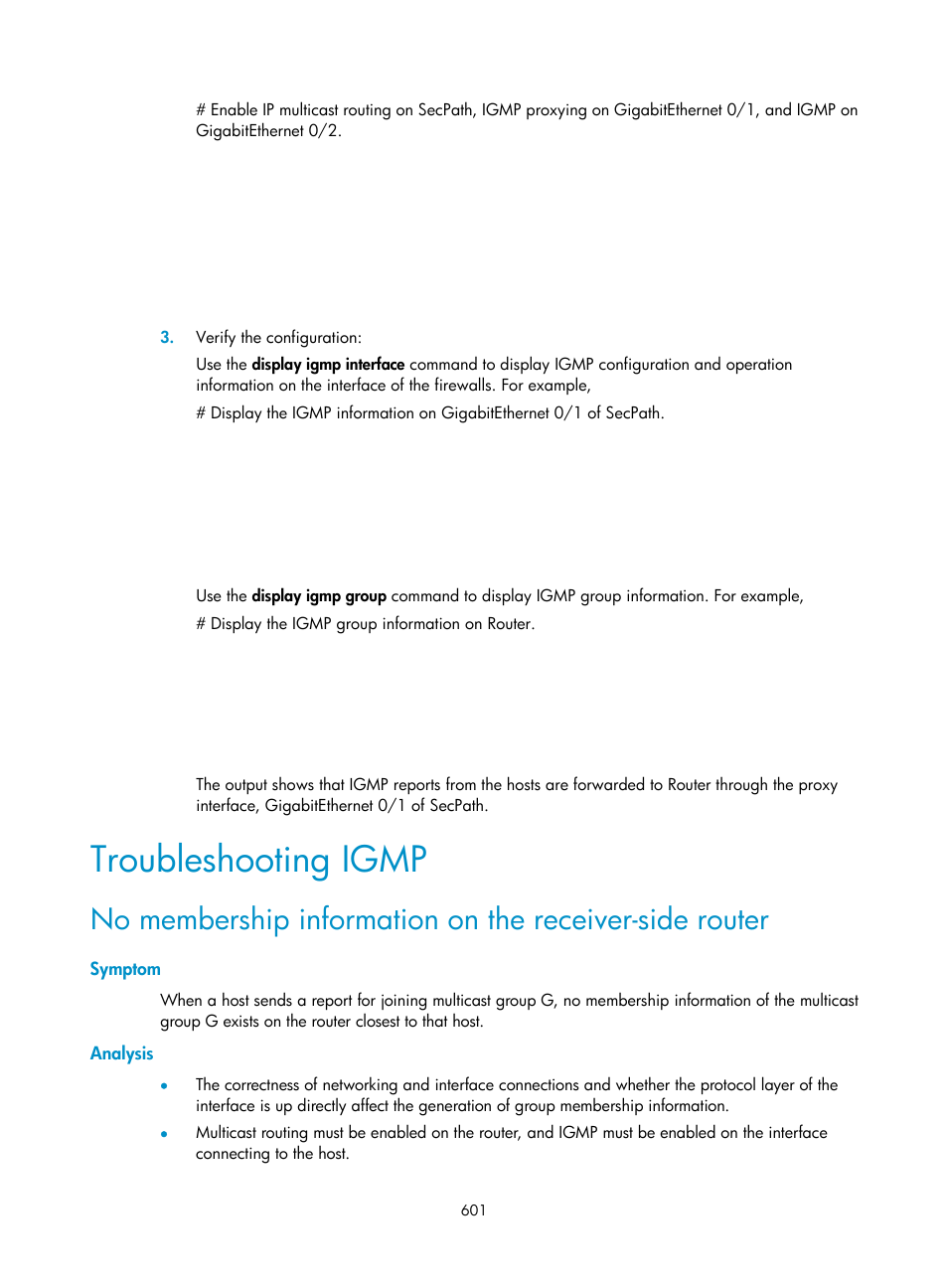 Troubleshooting igmp, Symptom, Analysis | H3C Technologies H3C SecPath F1000-E User Manual | Page 626 / 967