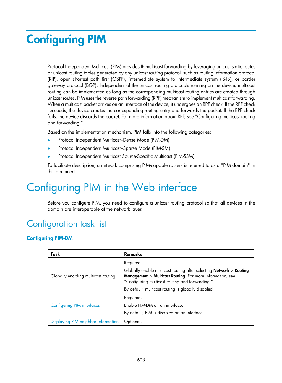 Configuring pim, Configuring pim in the web interface, Configuration task list | Configuring pim-dm | H3C Technologies H3C SecPath F1000-E User Manual | Page 628 / 967