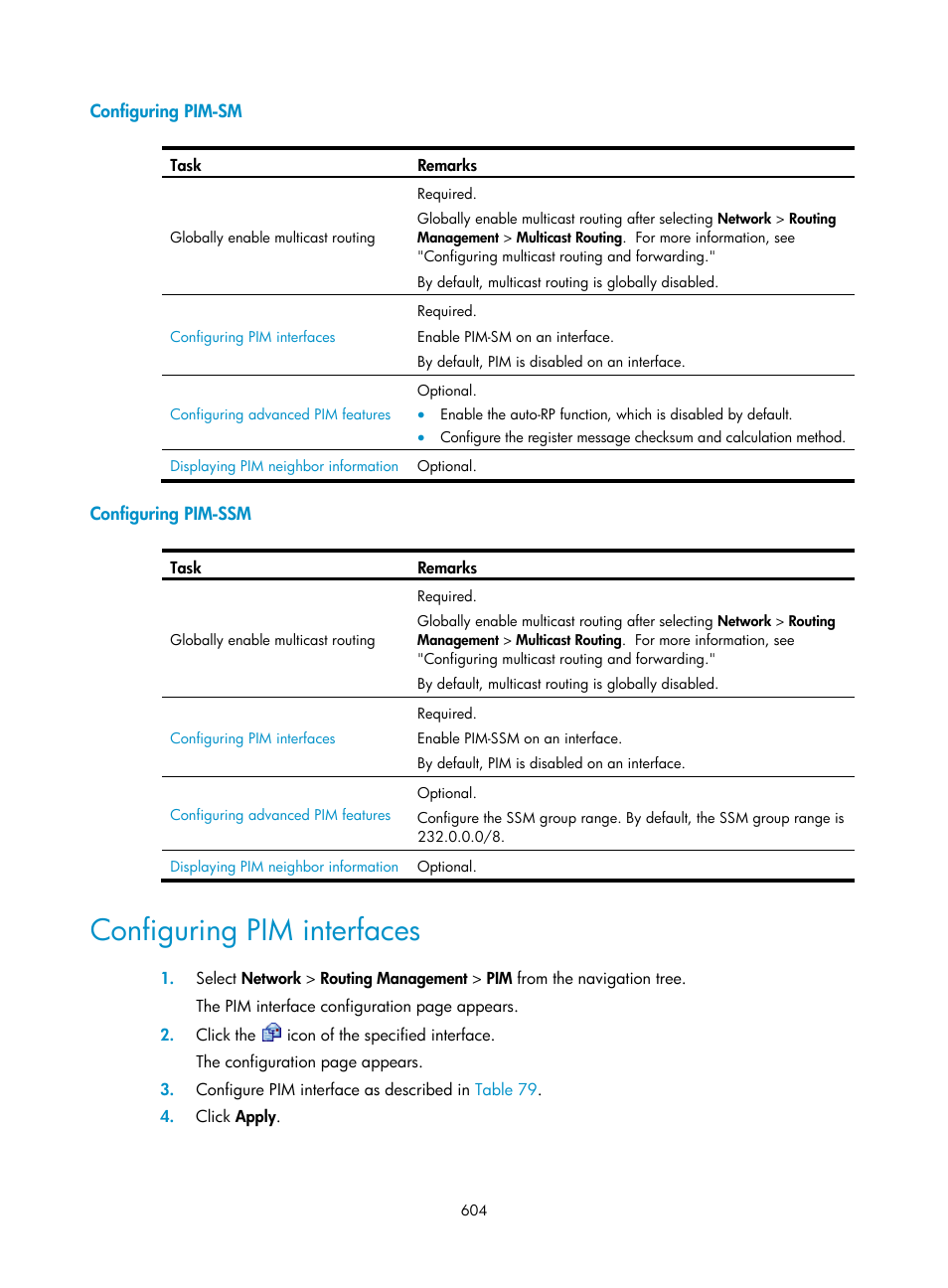 Configuring pim-sm, Configuring pim-ssm, Configuring pim interfaces | H3C Technologies H3C SecPath F1000-E User Manual | Page 629 / 967