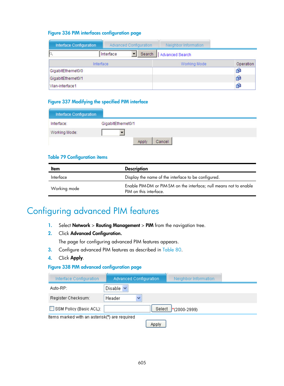 Configuring advanced pim features, Ribed in, Table 79 | H3C Technologies H3C SecPath F1000-E User Manual | Page 630 / 967