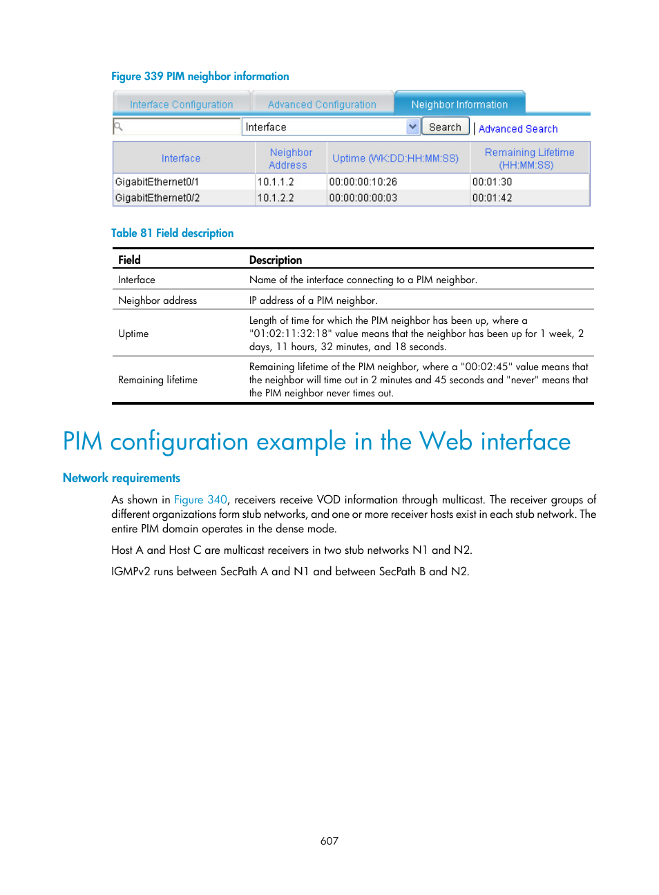 Pim configuration example in the web interface, Network requirements | H3C Technologies H3C SecPath F1000-E User Manual | Page 632 / 967