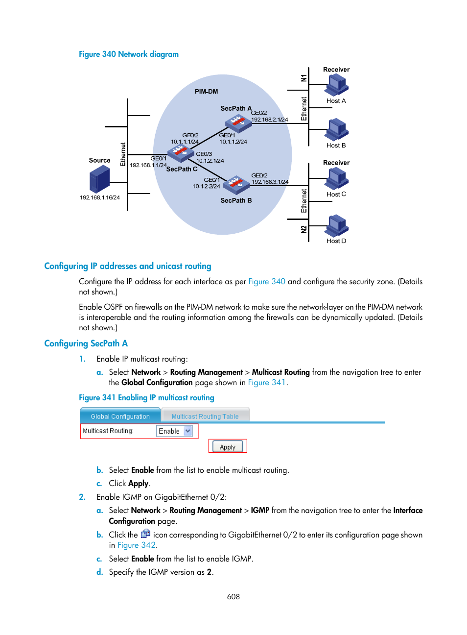 Configuring ip addresses and unicast routing, Configuring secpath a | H3C Technologies H3C SecPath F1000-E User Manual | Page 633 / 967