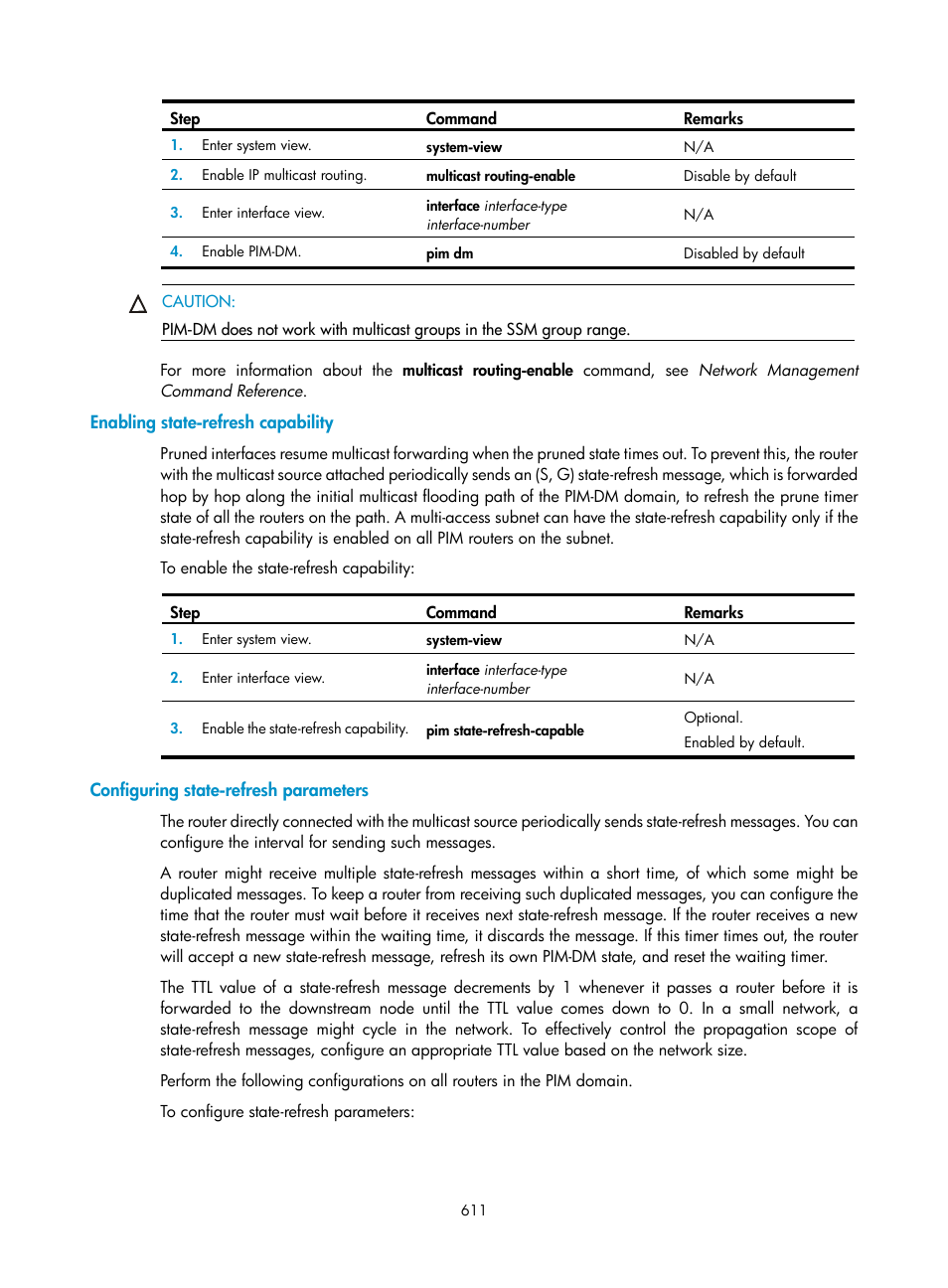 Enabling state-refresh capability, Configuring state-refresh parameters | H3C Technologies H3C SecPath F1000-E User Manual | Page 636 / 967