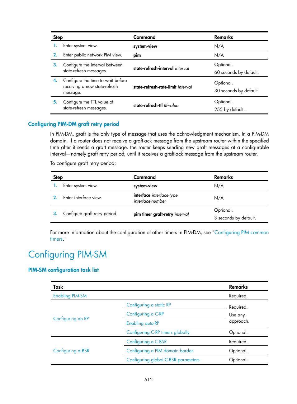 Configuring pim-dm graft retry period, Configuring pim-sm, Pim-sm configuration task list | H3C Technologies H3C SecPath F1000-E User Manual | Page 637 / 967