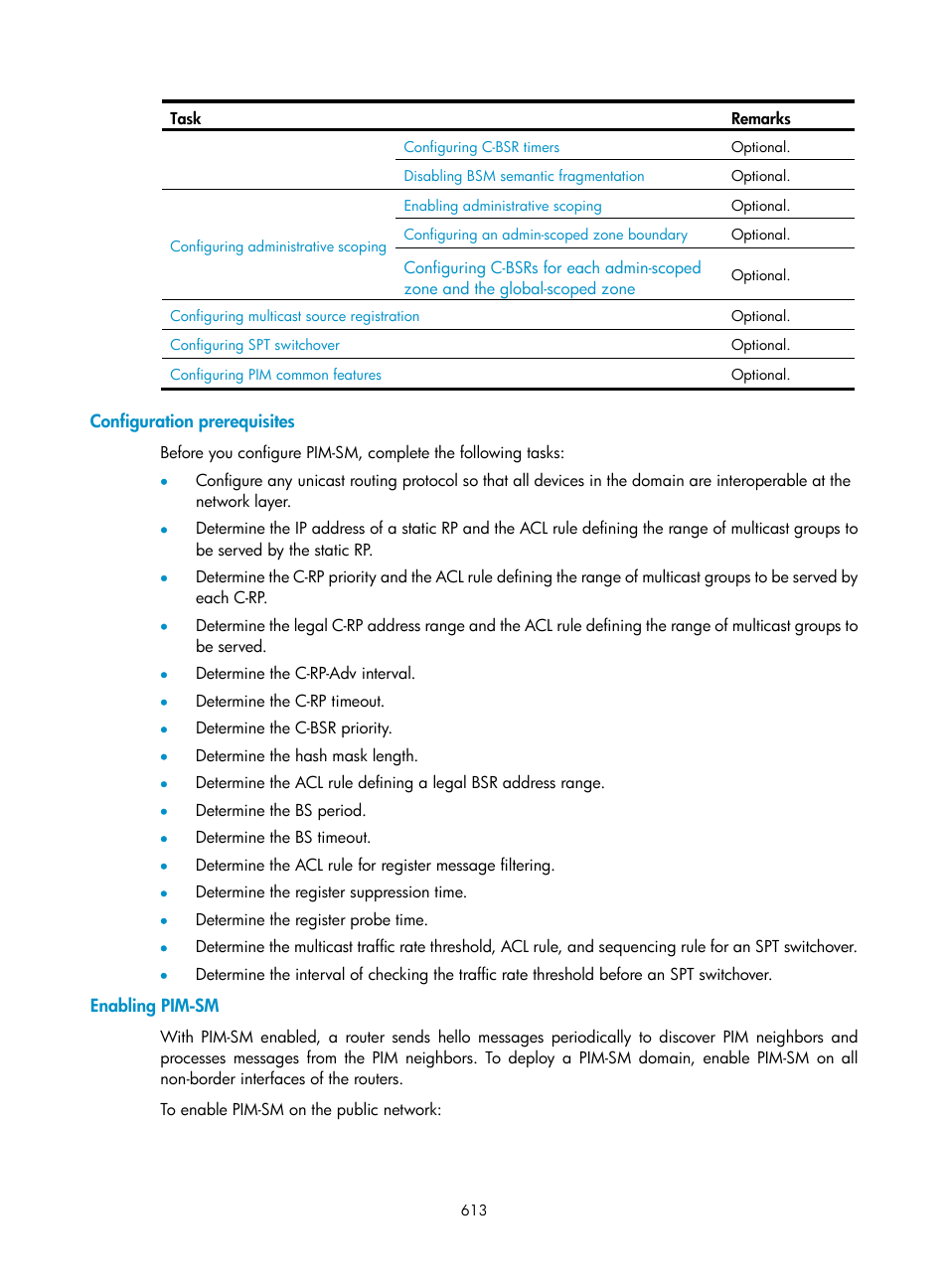 Configuration prerequisites, Enabling pim-sm | H3C Technologies H3C SecPath F1000-E User Manual | Page 638 / 967