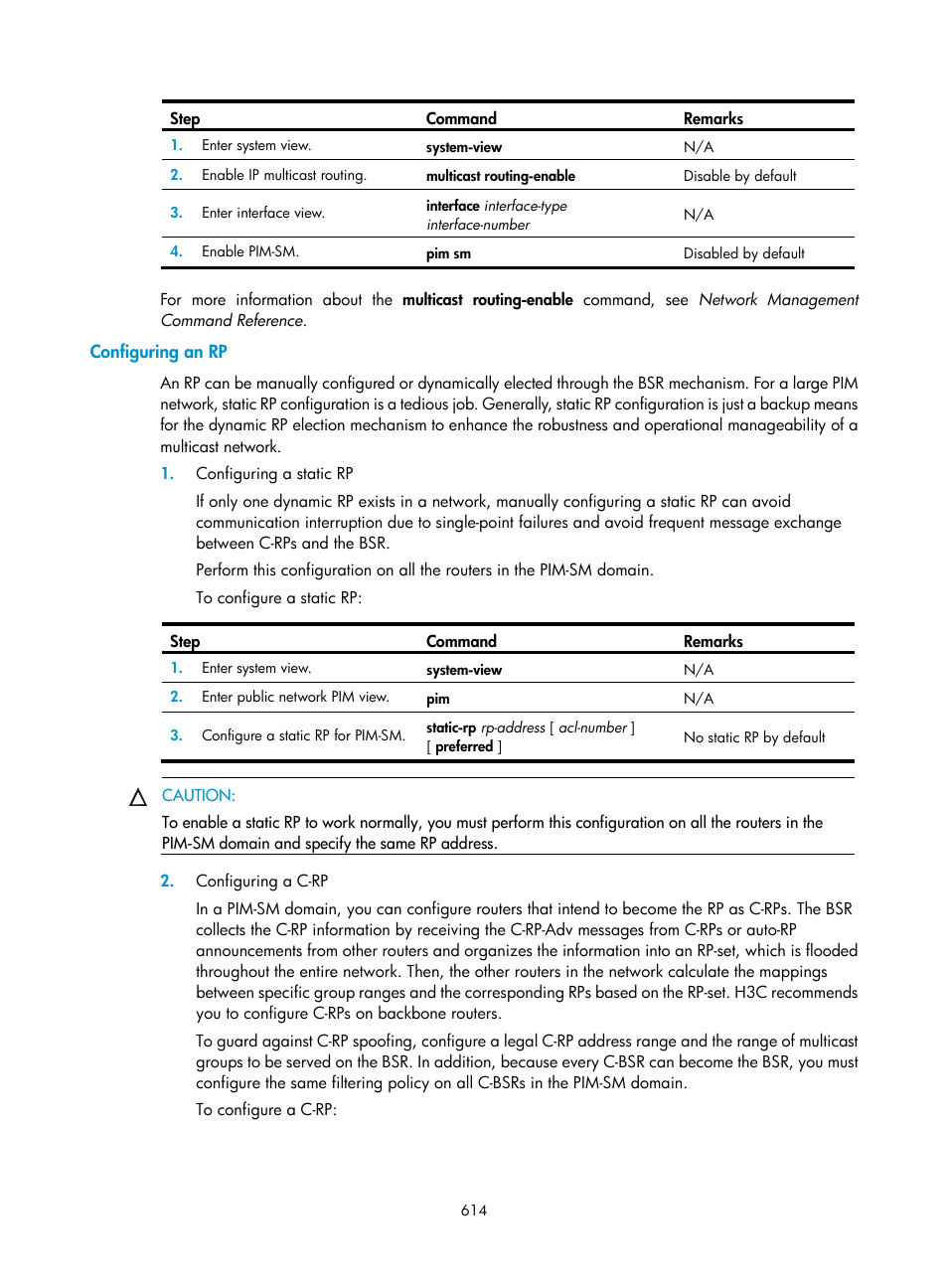 Configuring an rp, Configuring a static rp, Configuring a c-rp | H3C Technologies H3C SecPath F1000-E User Manual | Page 639 / 967