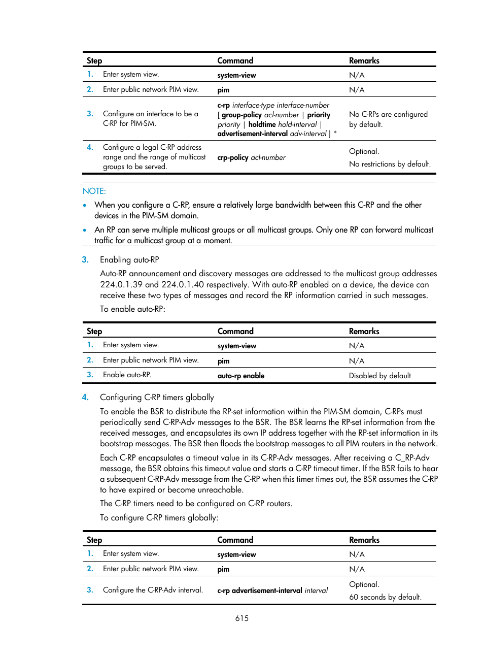 Enabling auto-rp, Configuring c-rp timers globally | H3C Technologies H3C SecPath F1000-E User Manual | Page 640 / 967