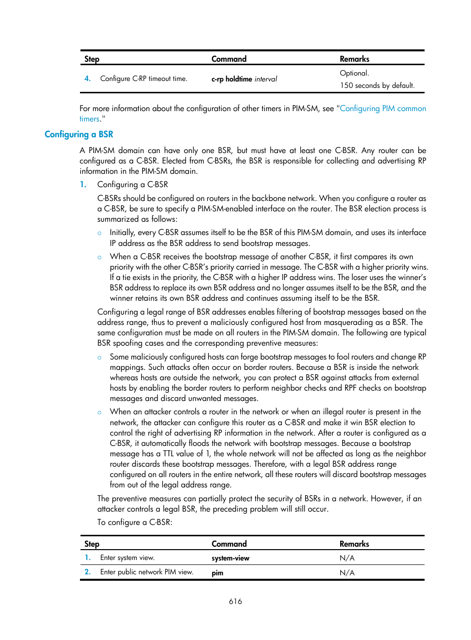 Configuring a bsr, Configuring a c-bsr | H3C Technologies H3C SecPath F1000-E User Manual | Page 641 / 967