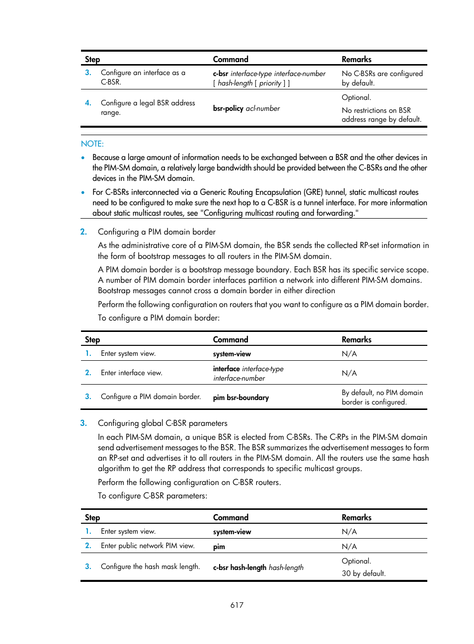 Configuring a pim domain border, Configuring global c-bsr parameters | H3C Technologies H3C SecPath F1000-E User Manual | Page 642 / 967